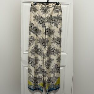 Zara Cream Wide-Leg Paisley Print Pants with Yellow and Blue Trim